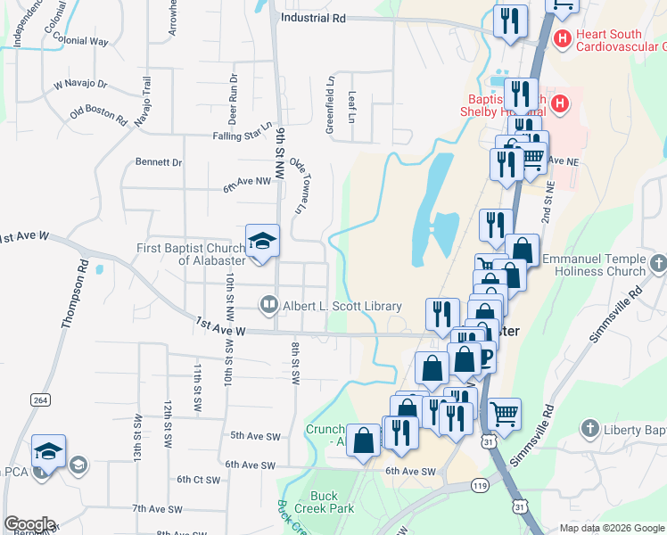 map of restaurants, bars, coffee shops, grocery stores, and more near 501 Olde Towne Lane in Alabaster