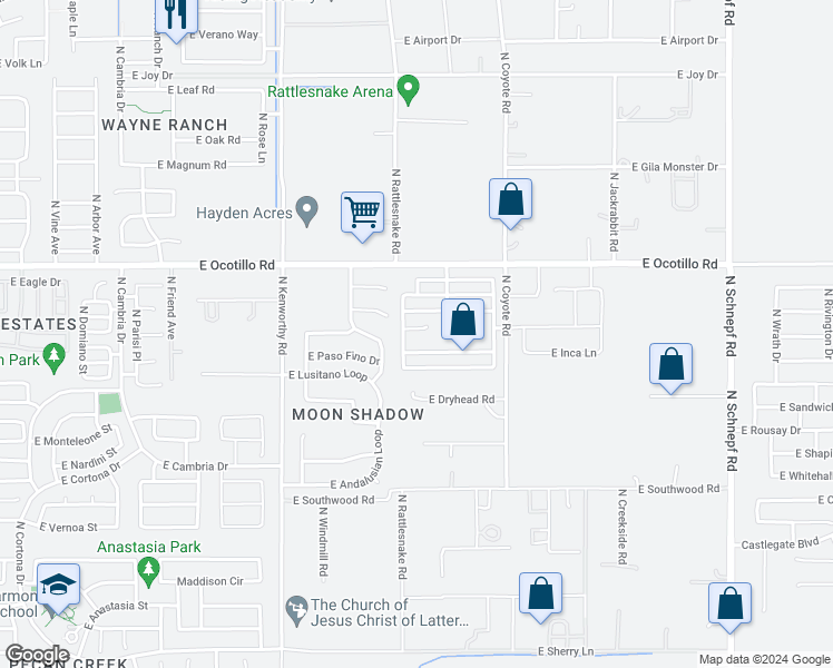 map of restaurants, bars, coffee shops, grocery stores, and more near 2311 East Meadow Point Way in San Tan Valley