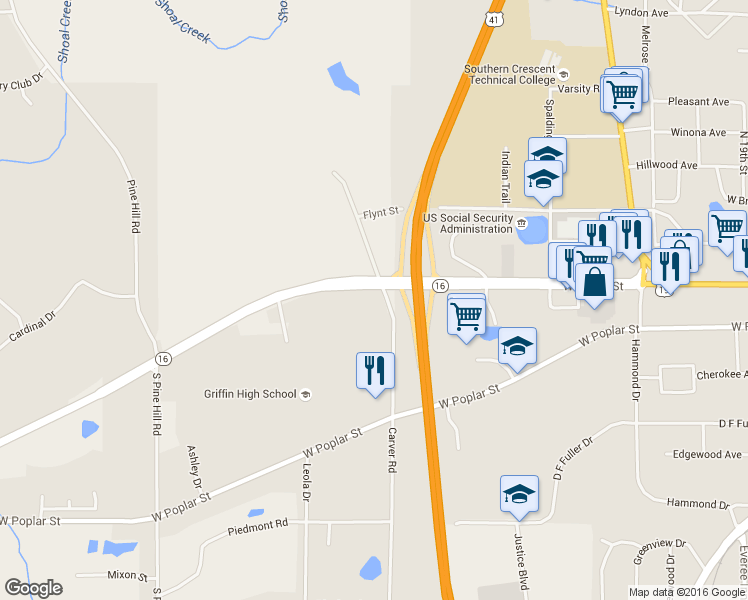 map of restaurants, bars, coffee shops, grocery stores, and more near 1610 Highway 16 in Griffin