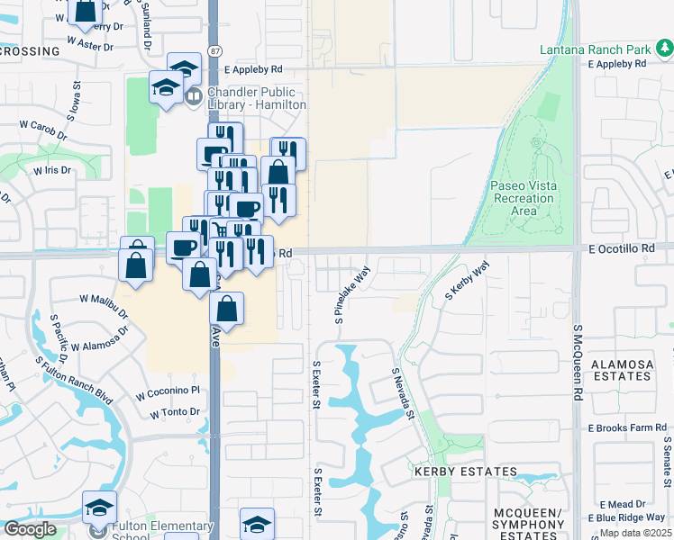 map of restaurants, bars, coffee shops, grocery stores, and more near 4100 S Pinelake Way in Chandler