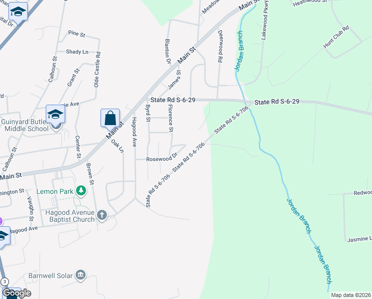 map of restaurants, bars, coffee shops, grocery stores, and more near 57 Redwood Drive in Barnwell