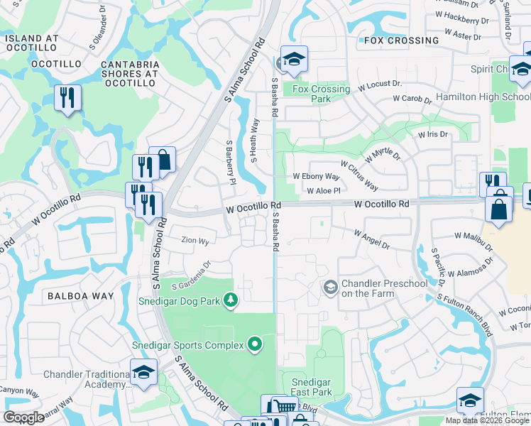 map of restaurants, bars, coffee shops, grocery stores, and more near 4077 South Sabrina Drive in Chandler