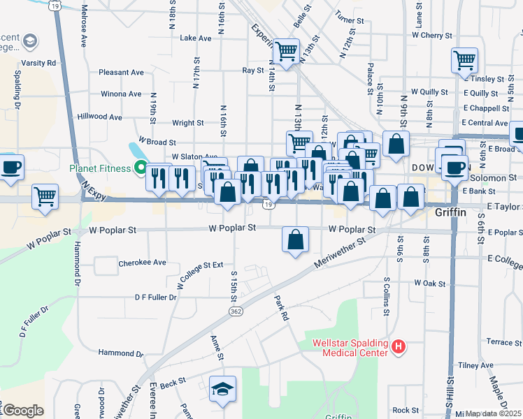 map of restaurants, bars, coffee shops, grocery stores, and more near 820 West Taylor Street in Griffin