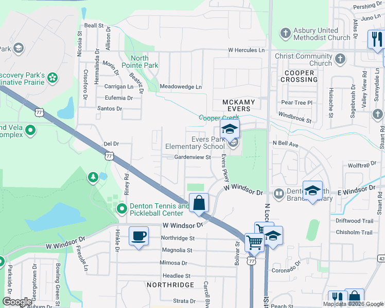 map of restaurants, bars, coffee shops, grocery stores, and more near 3400 Joyce Lane in Denton