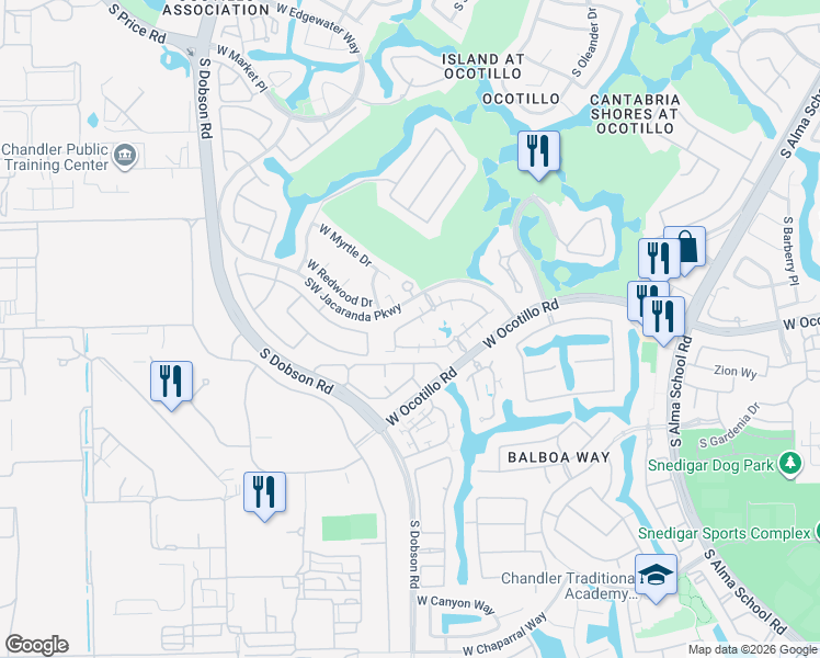 map of restaurants, bars, coffee shops, grocery stores, and more near 2063 West Olive Way in Chandler
