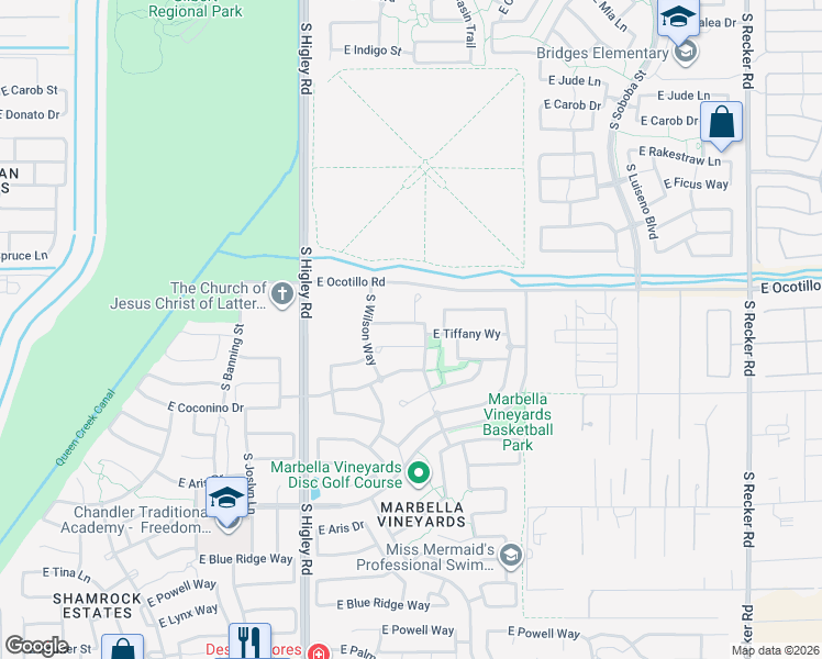 map of restaurants, bars, coffee shops, grocery stores, and more near 3364 East Penedes Drive in Gilbert