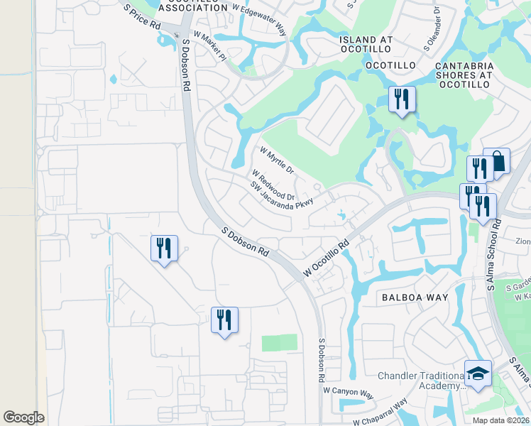 map of restaurants, bars, coffee shops, grocery stores, and more near 2211 West Olive Way in Chandler