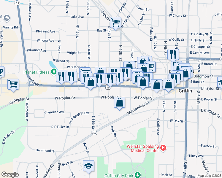 map of restaurants, bars, coffee shops, grocery stores, and more near 721 West Taylor Street in Griffin