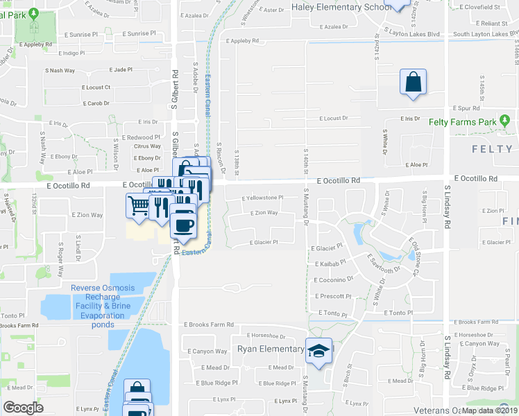map of restaurants, bars, coffee shops, grocery stores, and more near 3381 East Yellowstone Place in Chandler