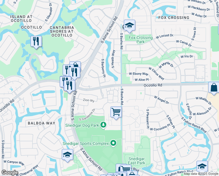 map of restaurants, bars, coffee shops, grocery stores, and more near in Chandler