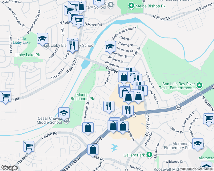map of restaurants, bars, coffee shops, grocery stores, and more near 4862 Palmetto Drive in Oceanside