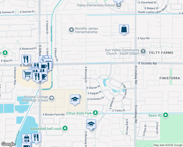 map of restaurants, bars, coffee shops, grocery stores, and more near 4081 South Pinnacle Place in Chandler