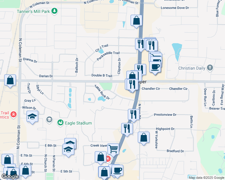 map of restaurants, bars, coffee shops, grocery stores, and more near 881 Grapevine Court in Prosper