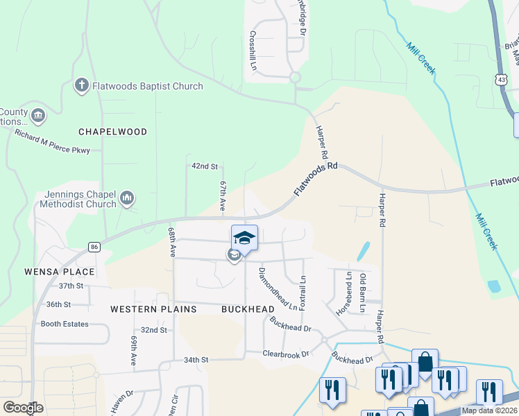map of restaurants, bars, coffee shops, grocery stores, and more near 6524 Flatwoods Road in Northport