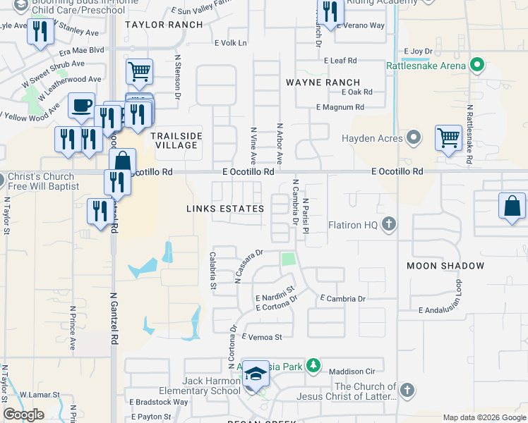 map of restaurants, bars, coffee shops, grocery stores, and more near 1110 East Bosi Street in Queen Creek