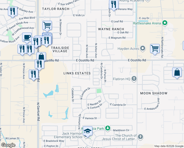 map of restaurants, bars, coffee shops, grocery stores, and more near 40514 North Domiano Street in San Tan Valley