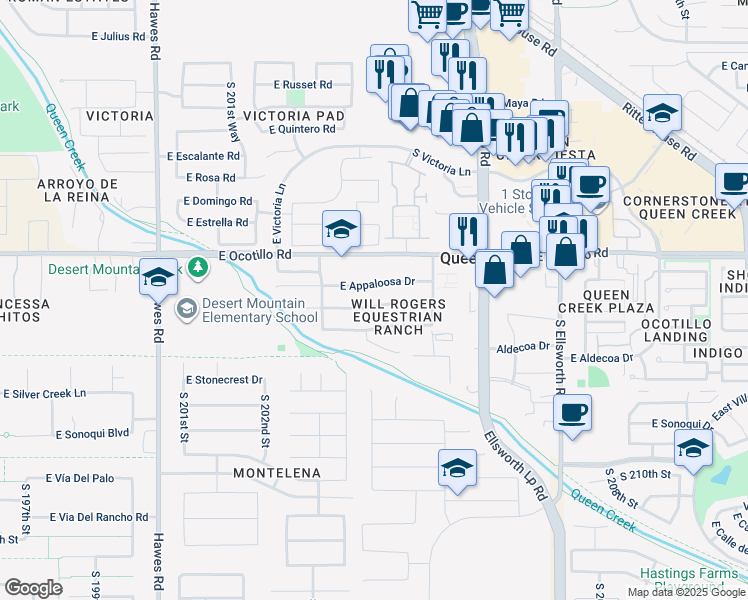 map of restaurants, bars, coffee shops, grocery stores, and more near 20386 East Bronco Drive in Queen Creek