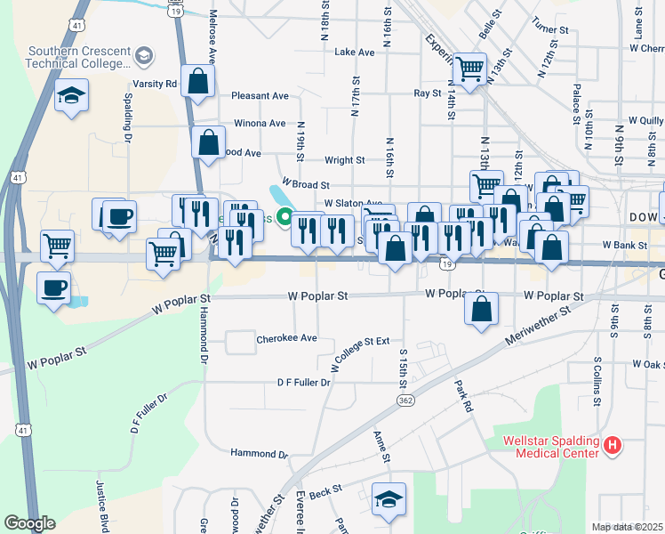map of restaurants, bars, coffee shops, grocery stores, and more near 1115 West Taylor Street in Griffin