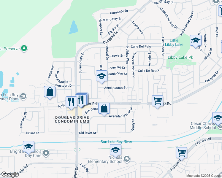 map of restaurants, bars, coffee shops, grocery stores, and more near 4423 Anne Sladon Street in Oceanside