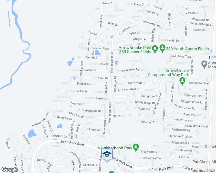 map of restaurants, bars, coffee shops, grocery stores, and more near 977 English Drive in Aubrey