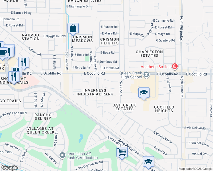 map of restaurants, bars, coffee shops, grocery stores, and more near 22075 South Scotland Court in Queen Creek