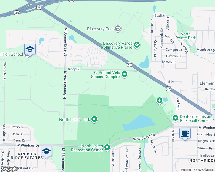 map of restaurants, bars, coffee shops, grocery stores, and more near 3329 Solana Circle in Denton
