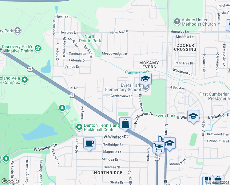 map of restaurants, bars, coffee shops, grocery stores, and more near 3400 Joyce Lane in Denton
