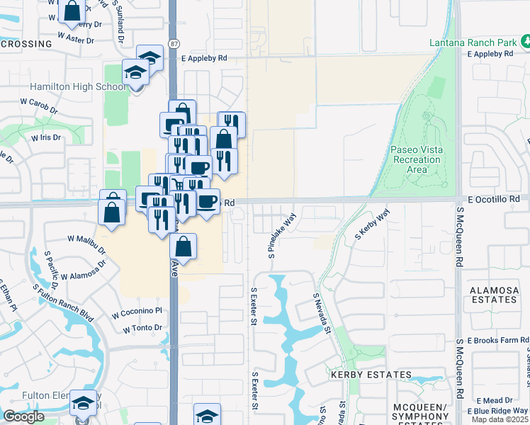 map of restaurants, bars, coffee shops, grocery stores, and more near 4100 S Pinelake Way in Chandler