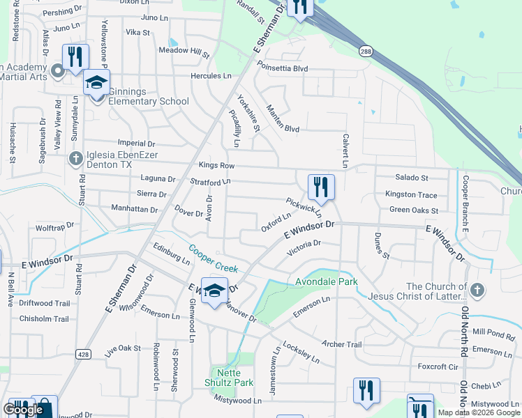 map of restaurants, bars, coffee shops, grocery stores, and more near 1414 Pickwick Lane in Denton