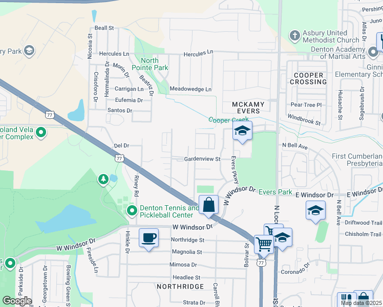 map of restaurants, bars, coffee shops, grocery stores, and more near 3400 Joyce Lane in Denton