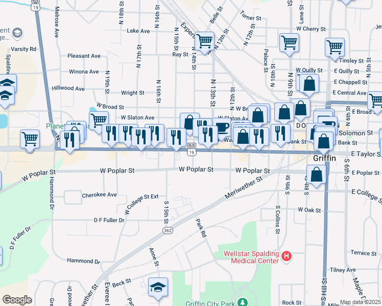 map of restaurants, bars, coffee shops, grocery stores, and more near 820 West Taylor Street in Griffin