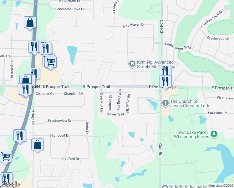 map of restaurants, bars, coffee shops, grocery stores, and more near 1951 Coyote Run in Prosper