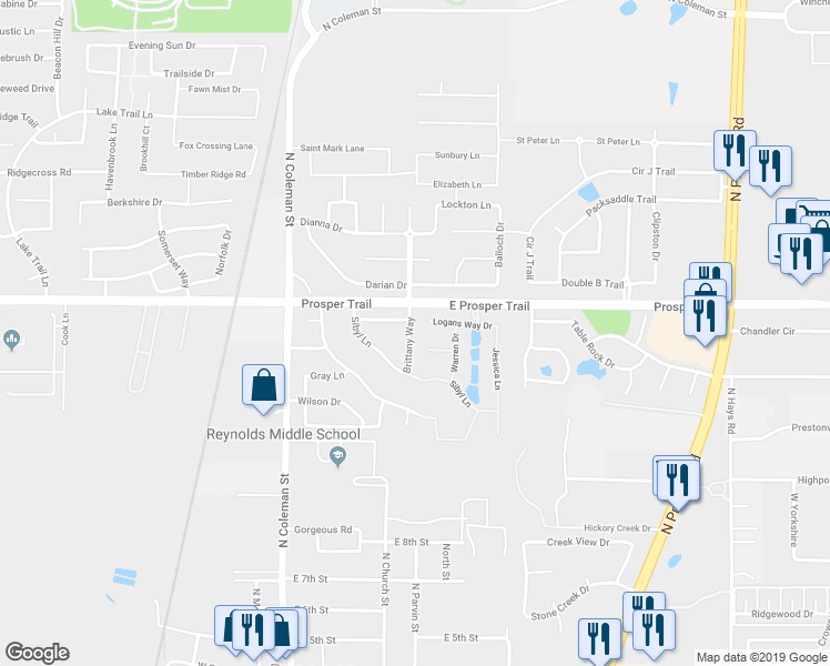 map of restaurants, bars, coffee shops, grocery stores, and more near 830 Brittany Way in Prosper