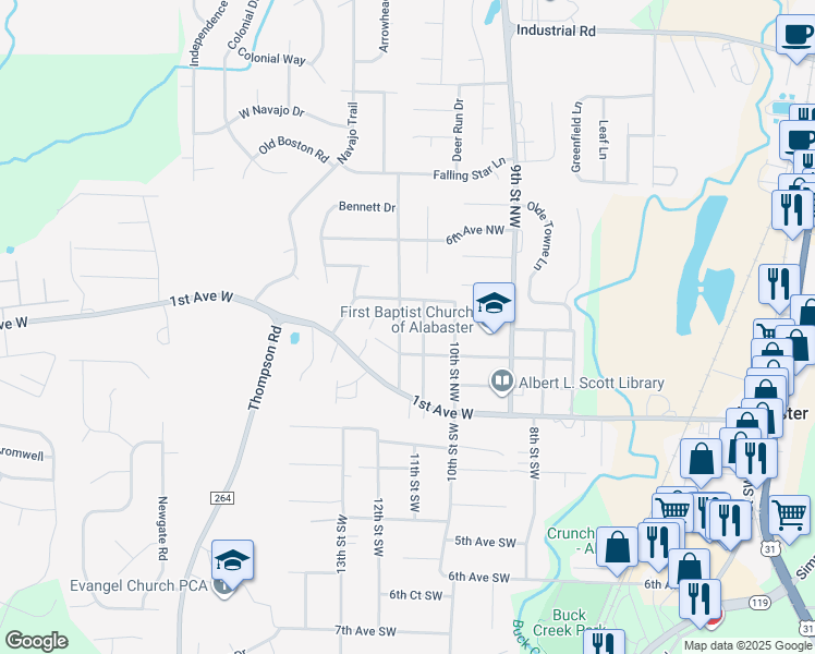 map of restaurants, bars, coffee shops, grocery stores, and more near 341 11th Street Northwest in Alabaster