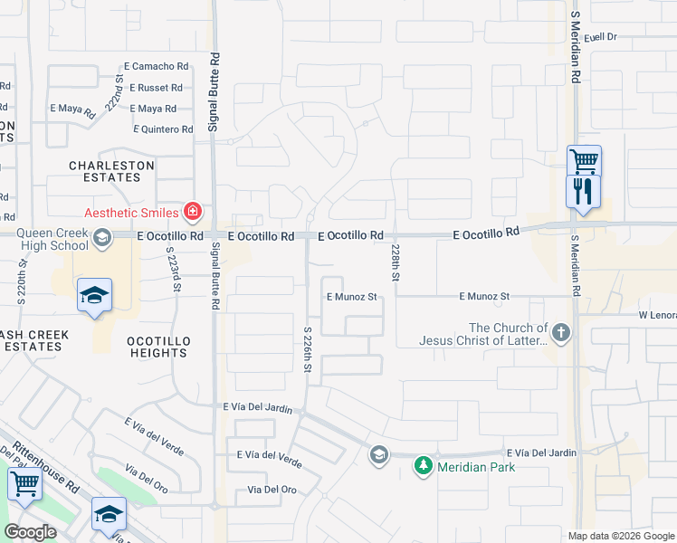 map of restaurants, bars, coffee shops, grocery stores, and more near 22717 East Ocotillo Road in Queen Creek