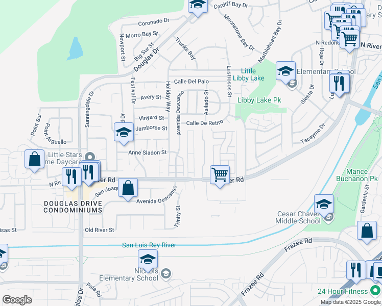 map of restaurants, bars, coffee shops, grocery stores, and more near 4616 North River Road in Oceanside
