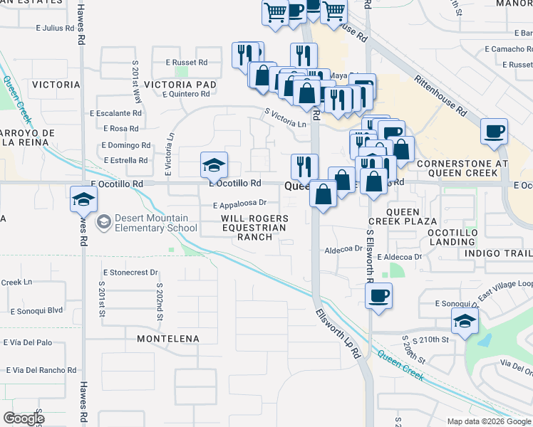 map of restaurants, bars, coffee shops, grocery stores, and more near 20485 East Appaloosa Drive in Queen Creek