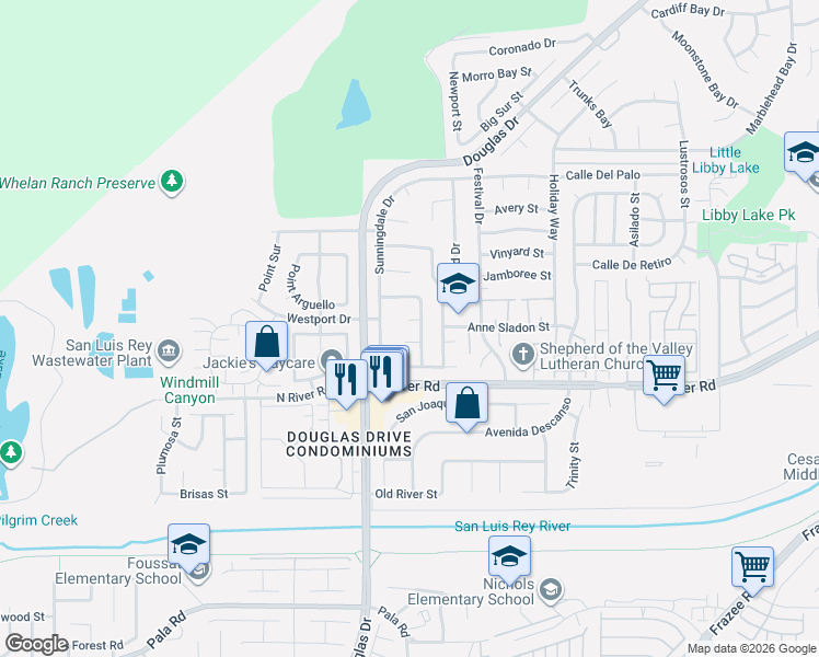 map of restaurants, bars, coffee shops, grocery stores, and more near 4475 Saint Andrews Place in Oceanside
