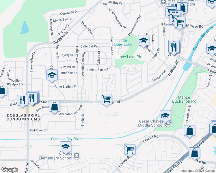 map of restaurants, bars, coffee shops, grocery stores, and more near 4660 North River Road in Oceanside