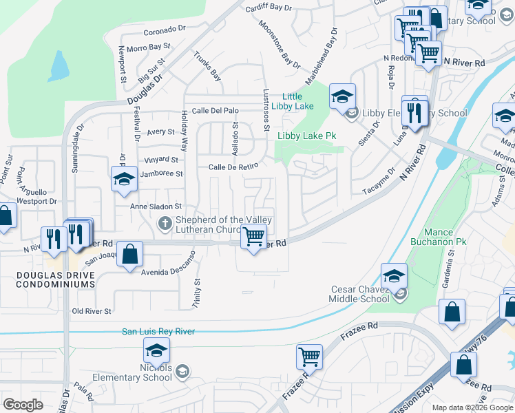 map of restaurants, bars, coffee shops, grocery stores, and more near 4660 North River Road in Oceanside