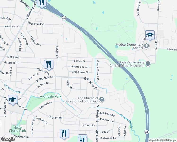map of restaurants, bars, coffee shops, grocery stores, and more near 2400 Kingston Trace in Denton