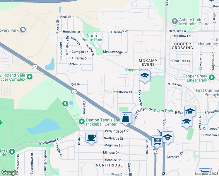 map of restaurants, bars, coffee shops, grocery stores, and more near 3300 Fallmeadow Street in Denton