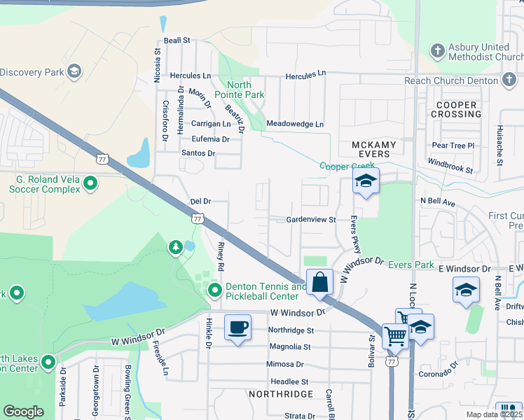 map of restaurants, bars, coffee shops, grocery stores, and more near 3309 Gardenview Circle in Denton