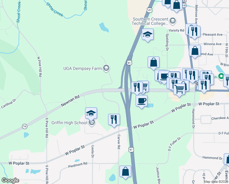 map of restaurants, bars, coffee shops, grocery stores, and more near Newnan Road in Griffin