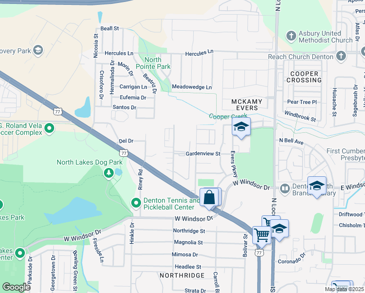 map of restaurants, bars, coffee shops, grocery stores, and more near 3300 Fallmeadow Street in Denton
