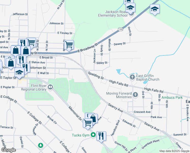 map of restaurants, bars, coffee shops, grocery stores, and more near 146 Spalding Street in Griffin