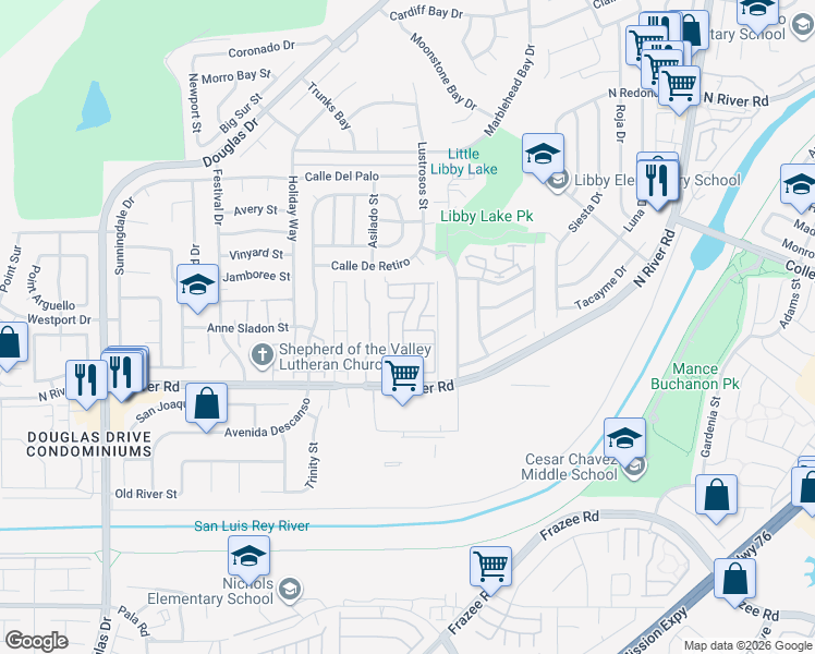 map of restaurants, bars, coffee shops, grocery stores, and more near 4660 North River Road in Oceanside