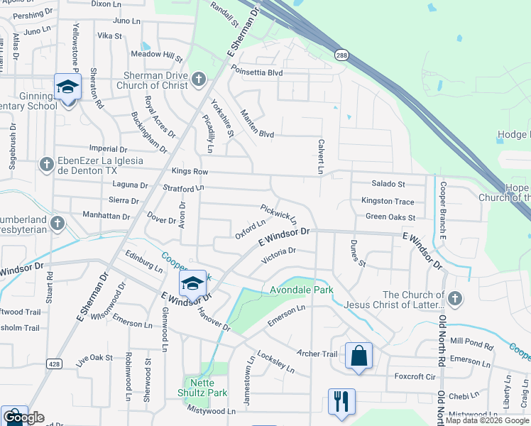 map of restaurants, bars, coffee shops, grocery stores, and more near 1514 Pickwick Lane in Denton