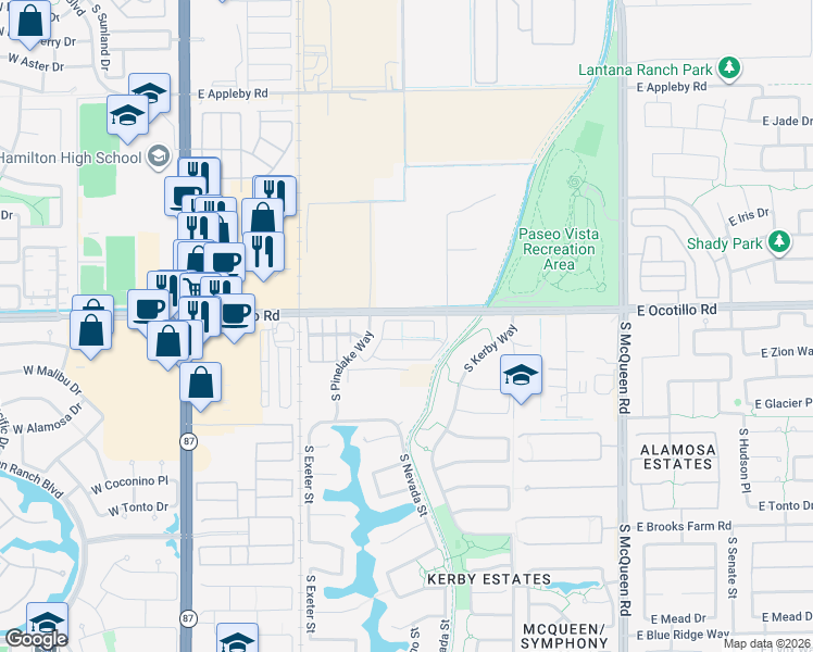 map of restaurants, bars, coffee shops, grocery stores, and more near 500 East Ocotillo Road in Chandler