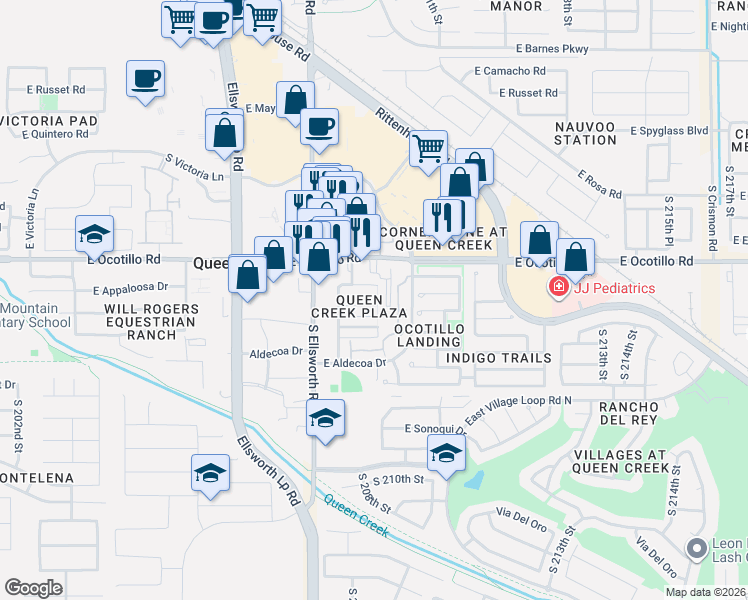 map of restaurants, bars, coffee shops, grocery stores, and more near 20837 East Pickett Street in Queen Creek